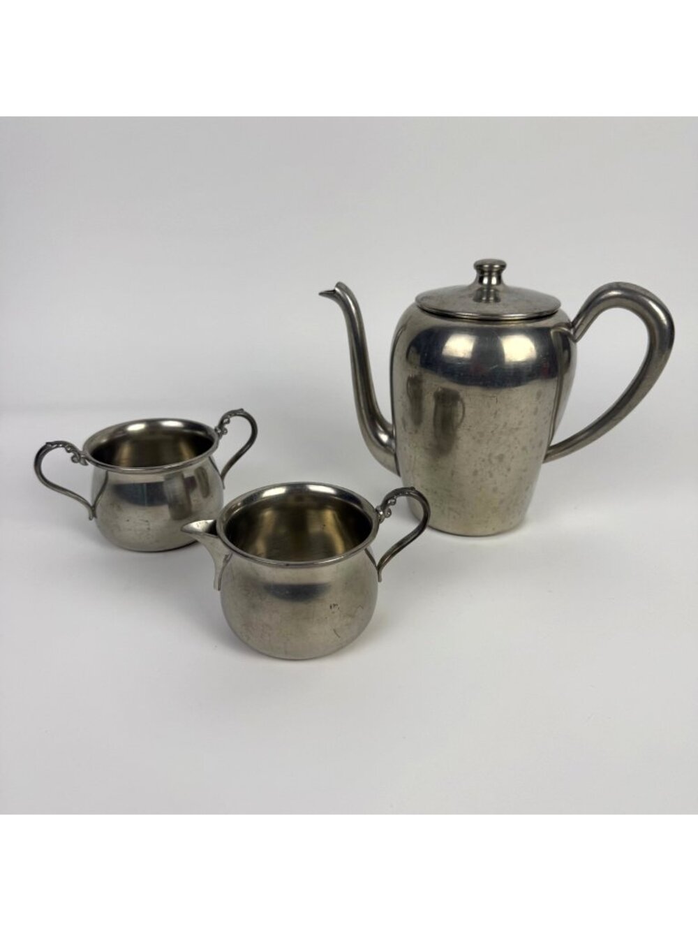 Vintage 3-Pc. Federal Pewter Coffee/Tea Pot Set Creamer Sugar Bowl